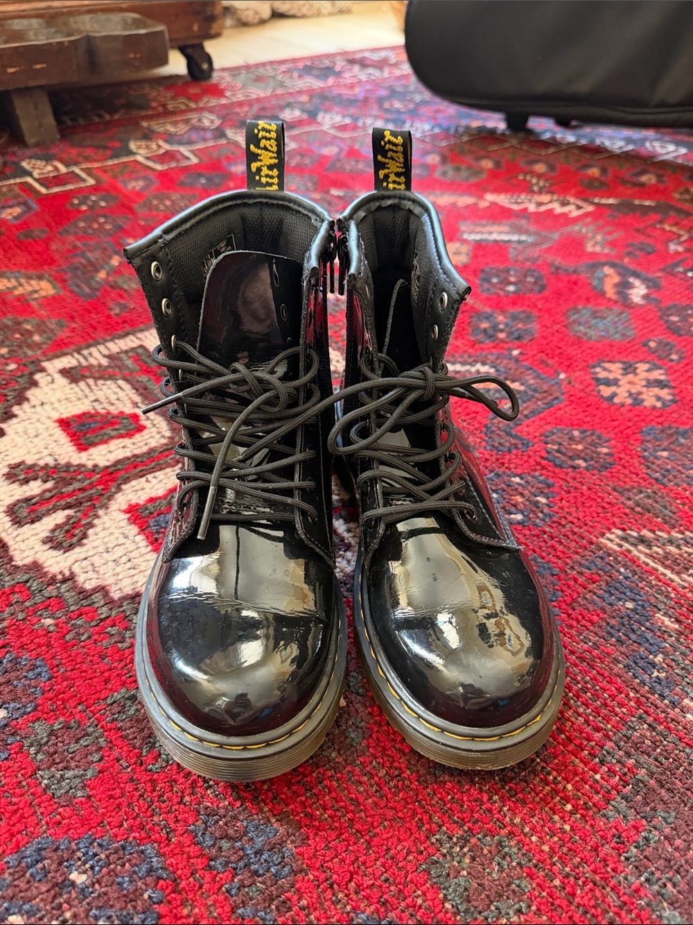 Dr. Martens Black Patent Lace-Up Combat Boots with Yellow Stitching